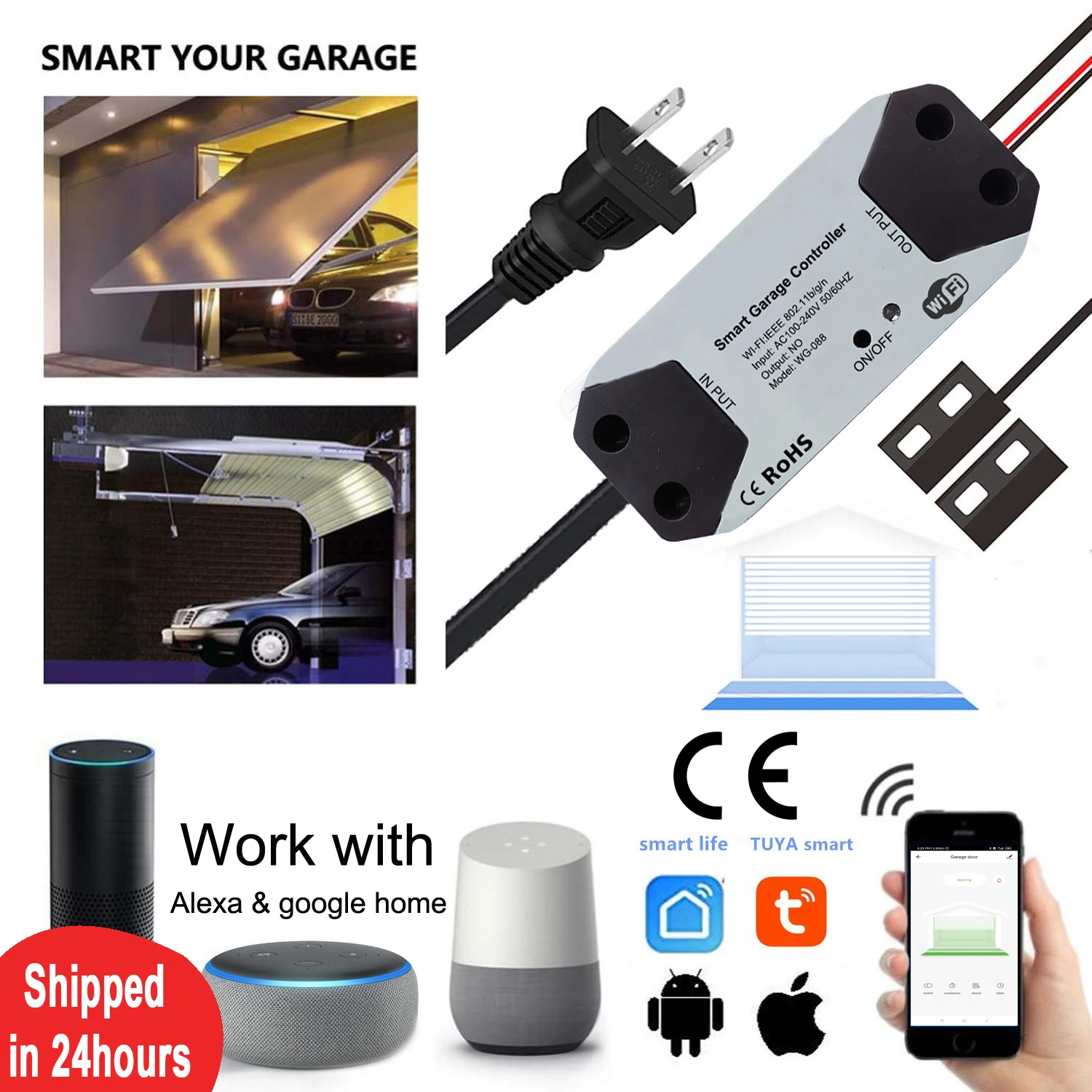

WiFi Switch Smart Garage Door Opener Controller Work With Alexa Echo Google Home SmartLife/Tuya APP Control No Hub Require