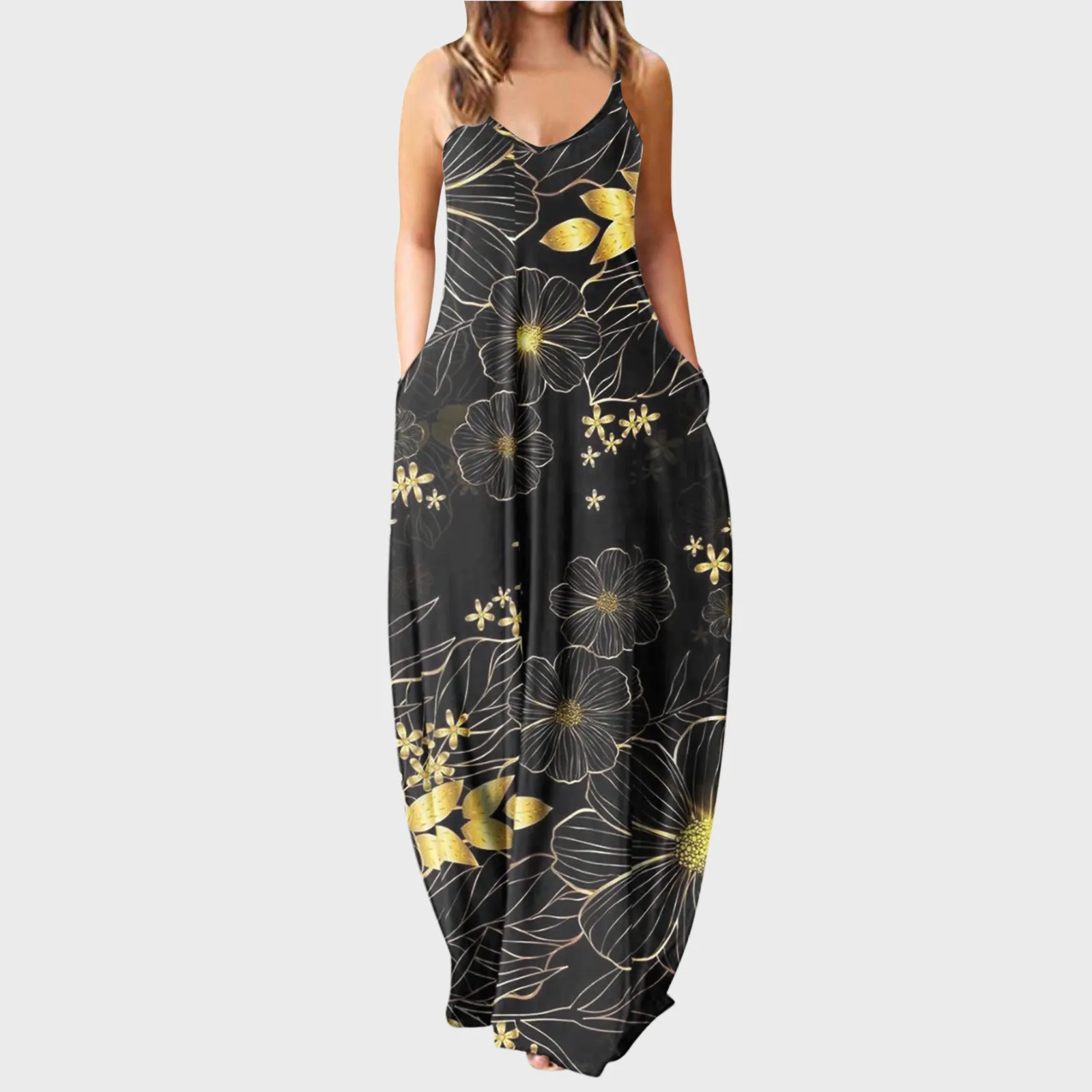 

Women Casual Sleeveless Maxi Dresses Ladies Deep V Neck Floral Print Loose Party Dress With Pocket