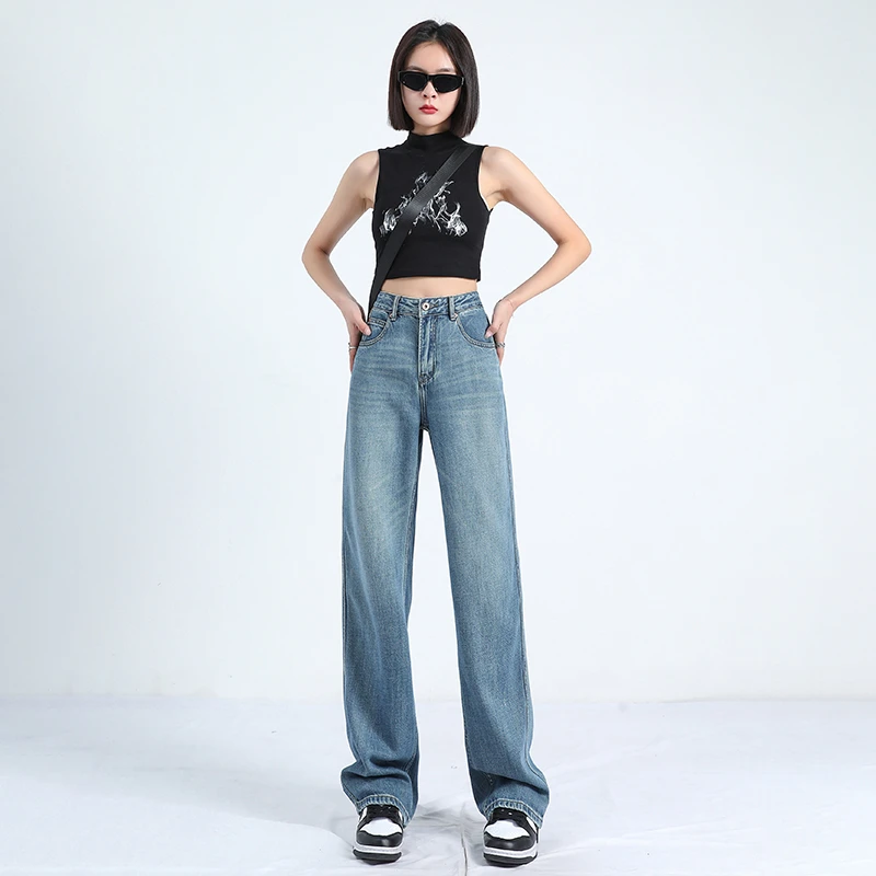 Wide leg jeans women's 2023 summer trousers Baby blue high street new loose high waist draping floor pants