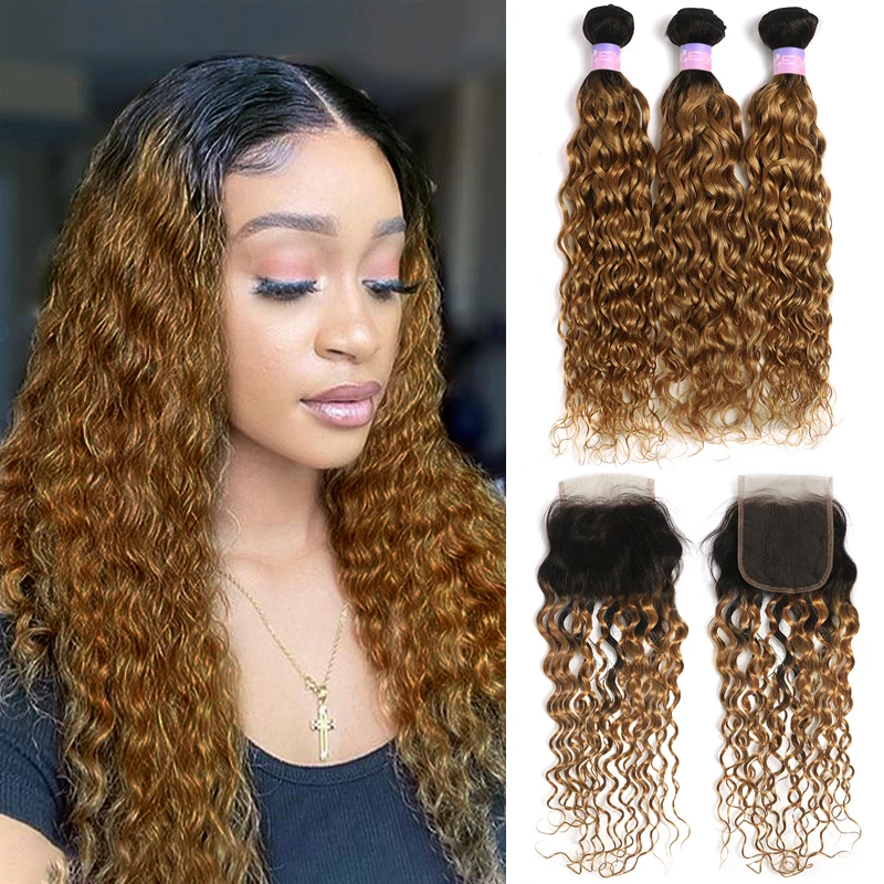 Brazilian Water Wave Bundles With Closure Ombre Blonde Colored Human Hair Weave Extensions With 4x4 Lace Closure Non-Remy