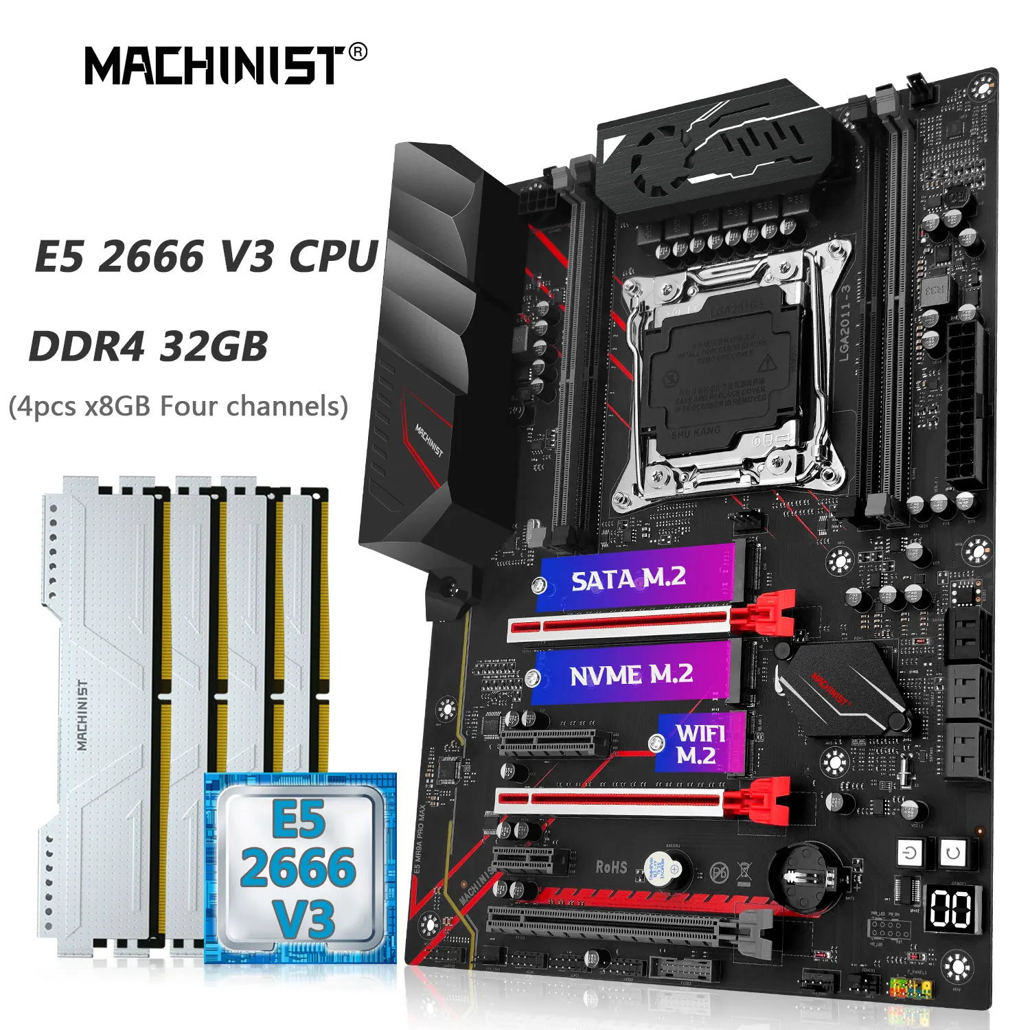 

MACHINIST MR9A PRO Материнская плата Combo LAG 2011-3 Xeon E5 2666 V3 ЦП DDR4 ОЗУ 4*8 ГБ = 32 Гб 2133 МГц память NVME SATA M.2 четыре канала