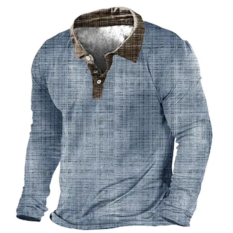 

Leisure Men Clothing Fall Long Sleeve Turndown Collar Button Polo Shirts for Mens Fashion Patchwork Solid Color Polos Streetwear