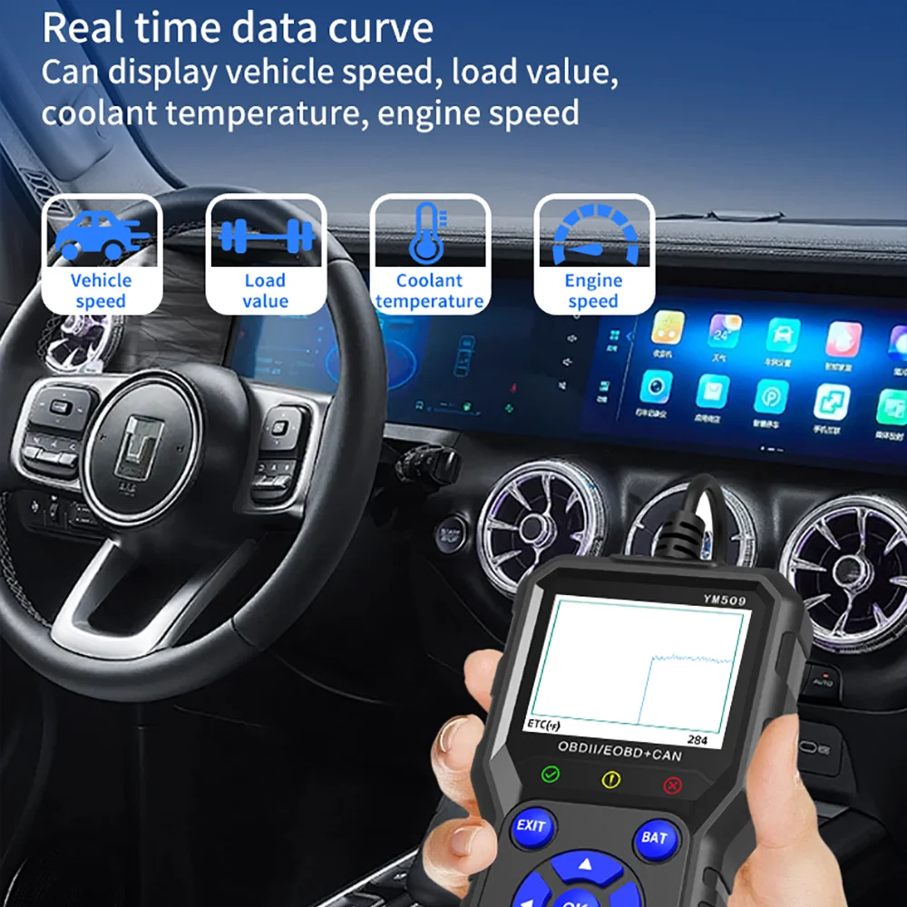 Фото Автосканер YM509 OBD для диагностики автомобилей, проверки состояния двигателя, сбора данных, инструмент для диагностики неисправностей, тестирование автомобилей, ELM327 №4
