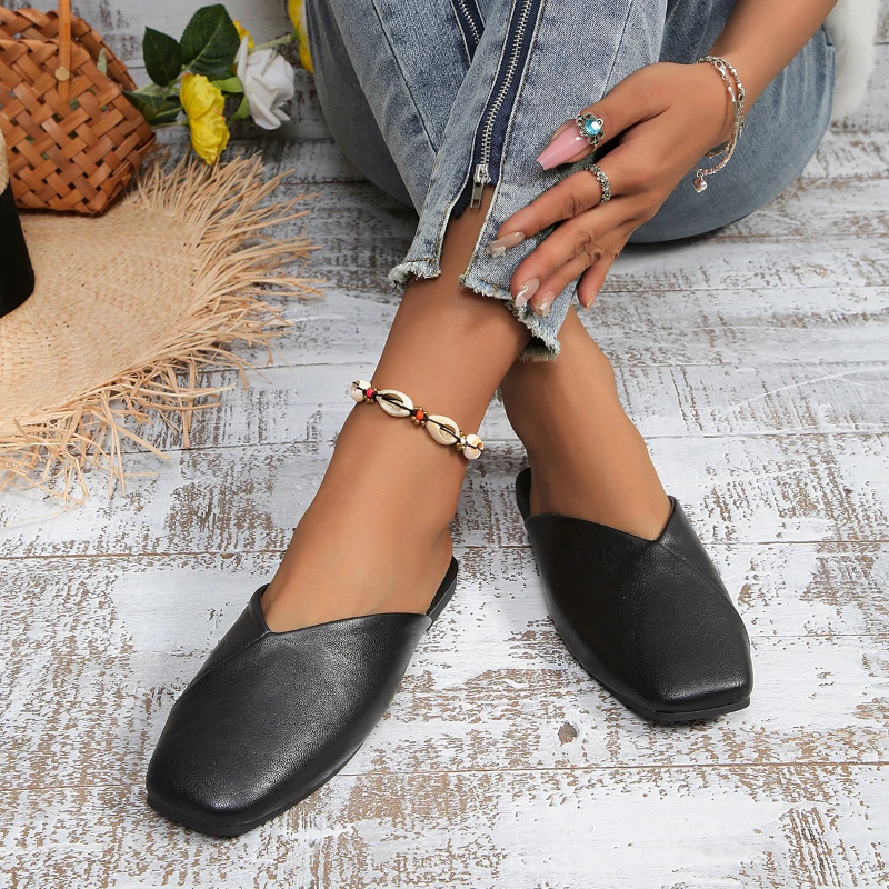 Women Summer Mules Slippers Casual Leather Low Heel Shoes Wrap Toe Slippers Roman Square Toe Beach Half Slippers Outdoor Fashion