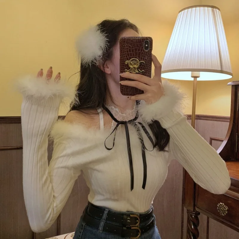 

Women's Winter Inner New Sweater Long Sleeve Tops 2023 Women Fall Sexy Salsh Neck Fairy Bottoming Pullover Shirt Female White