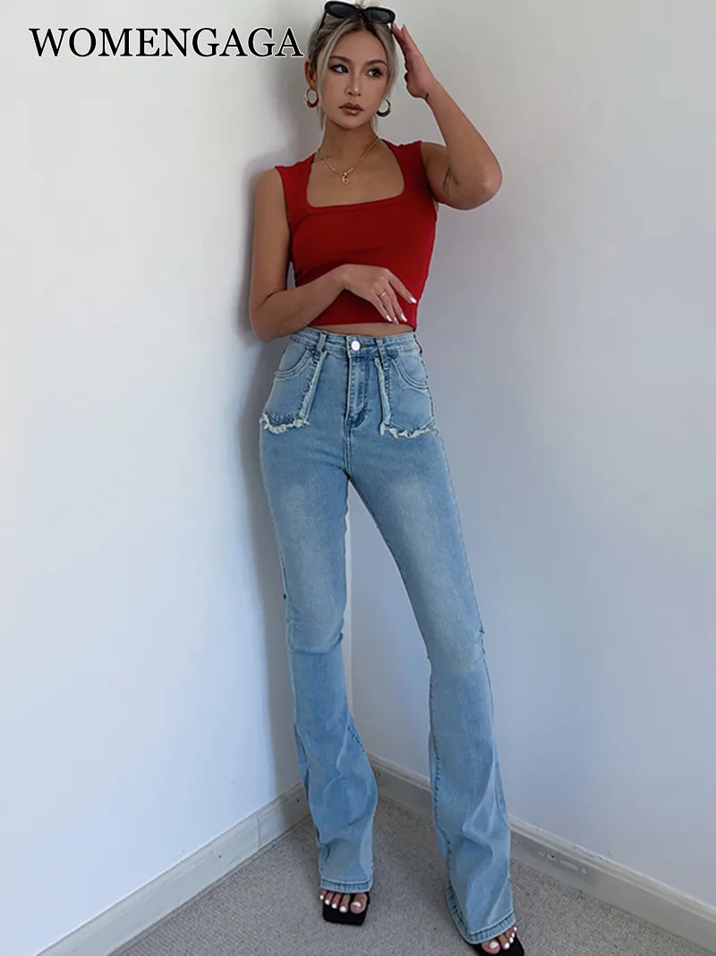 

WOMENGAGA American Front Pocket Denim Flared Pants For Women High Waist Slim Jeans Fashion High Street Trousers Korean G8CI