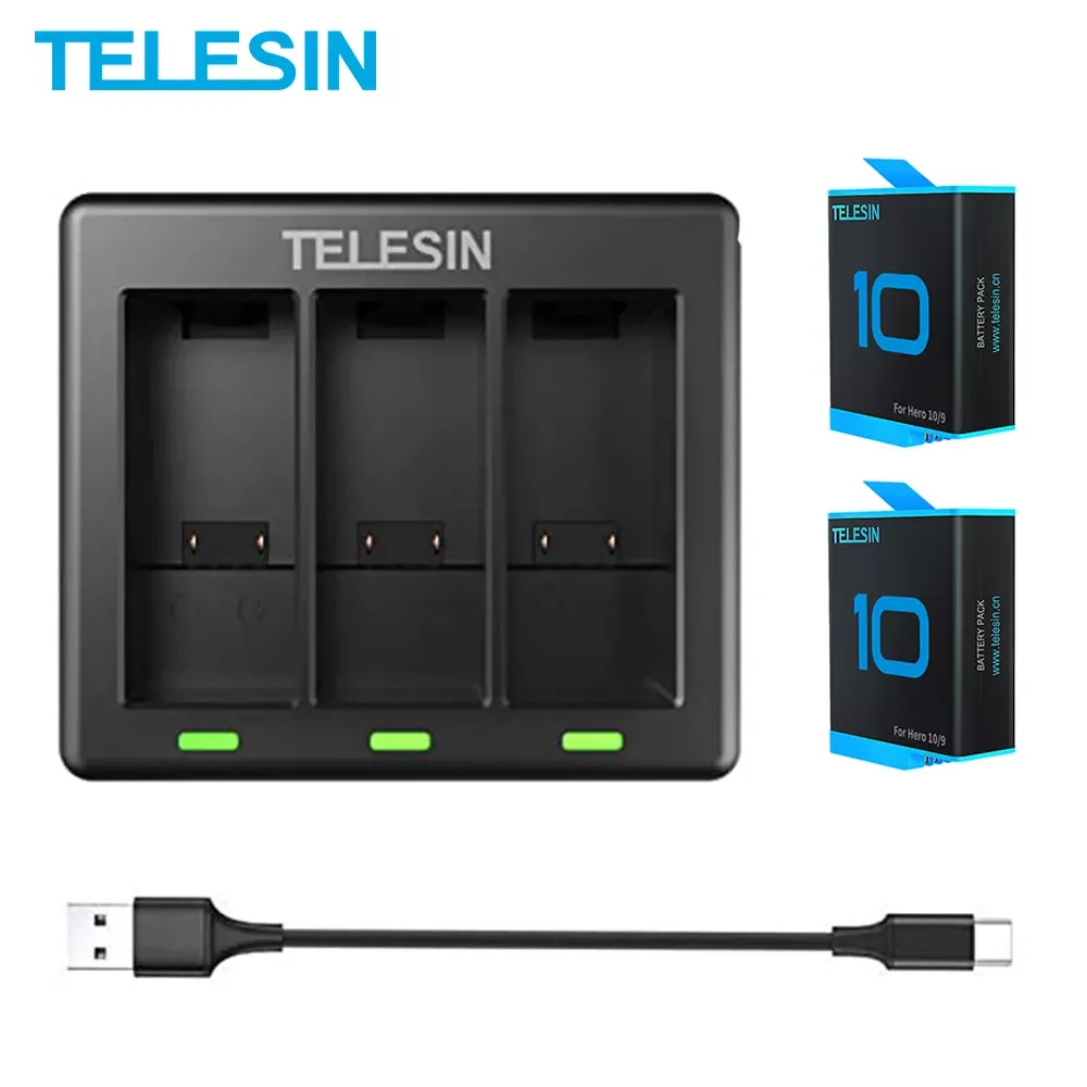 

TELESIN 2Pack For GoPro 9 10 Battery 1750mAh 3 Slots LED Light Battery Charger For GoPro Hero 9 10 Black Camera Accessories