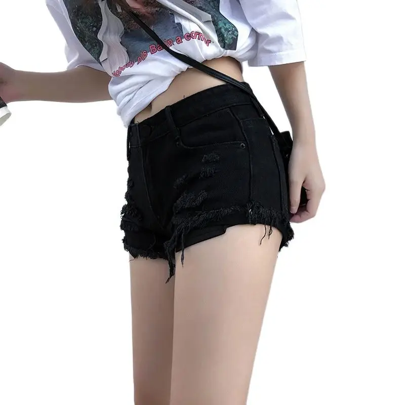 

2021 Summer New Black Ultra Low Waist Tassel Hole Denim Shorts Women's Slim Sexy Nightclub Jeans Shorts
