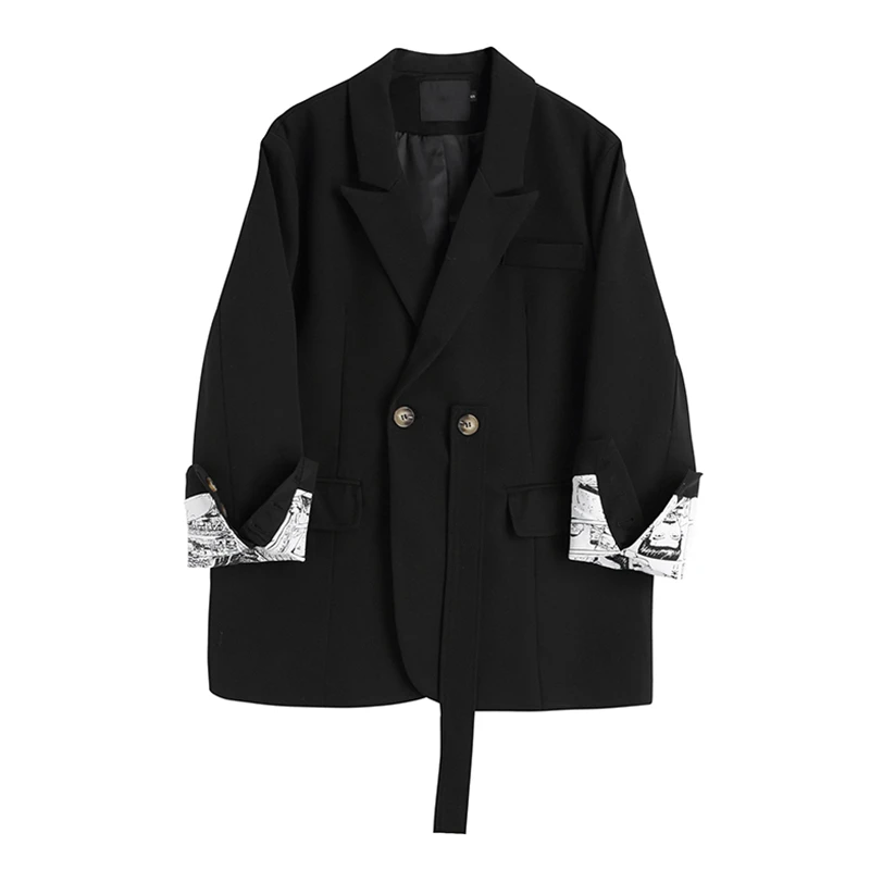 

Женский двубортный пиджак с длинным рукавом, черный повседневный пиджак с мультяшным принтом, весна 2023