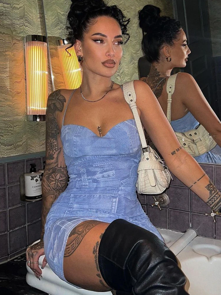 

WeiYao Sexy Backless V-Neck Suspender Dress Denim Pattern Print Slim Fit Short Skirt 2023 Summer Hotsweet Club Party Y2K Clothes