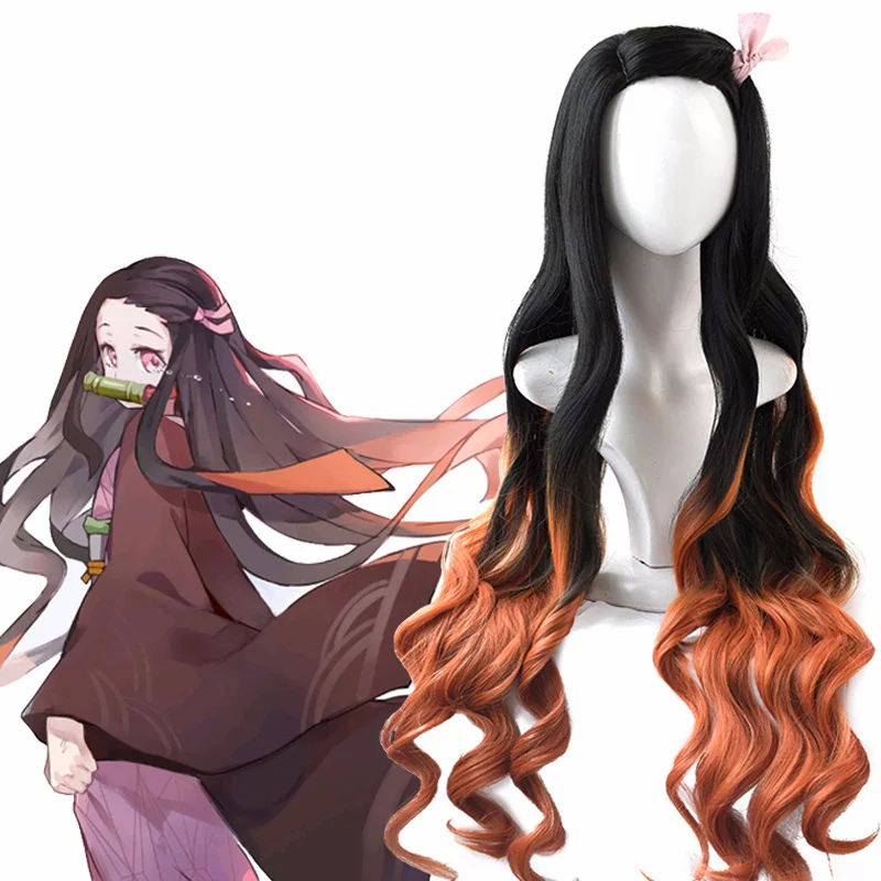 

Парик для косплея из киметсу, термостойкие синтетические волосы с градиентом, рассекающий демонов, no Yaiba Nezuko Kamado Nezuko, длинный, с шапочкой