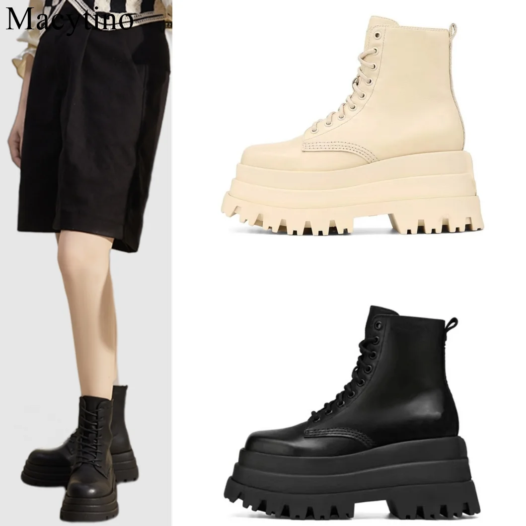 

English Style Muffin Thick Soled Square Head Lace up Martin Boots Tall Slim Casual Women Boots