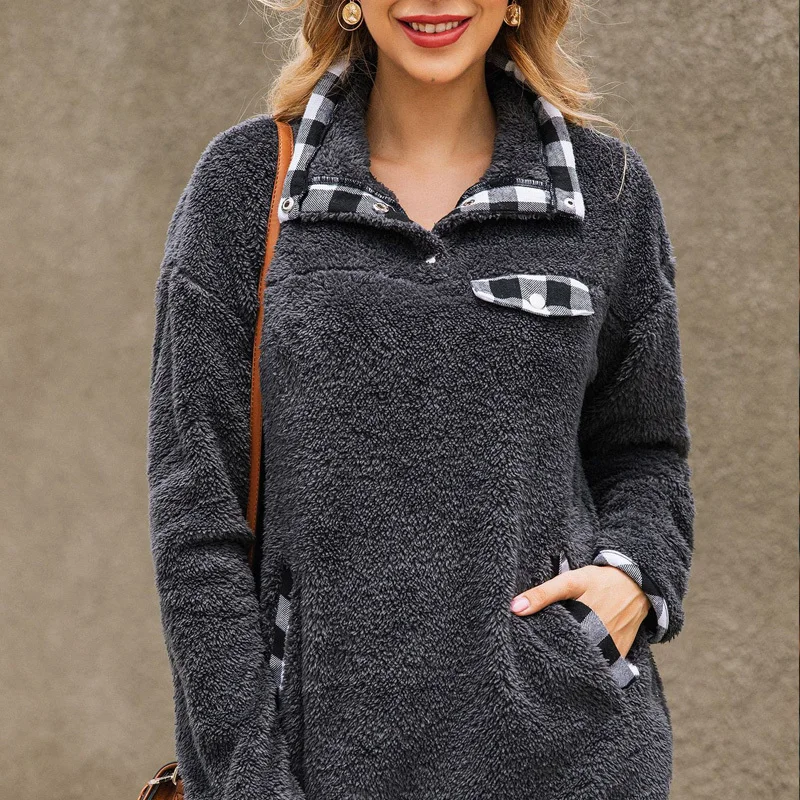 

Winter Outdoor Plaid Turn Down Collar Sweatshirt