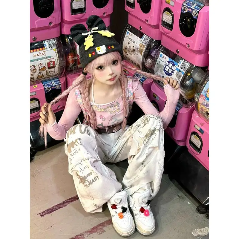 Sweet Gyaru розовая сетчатая рубашка с длинными рукавами и рисунком субкультуры