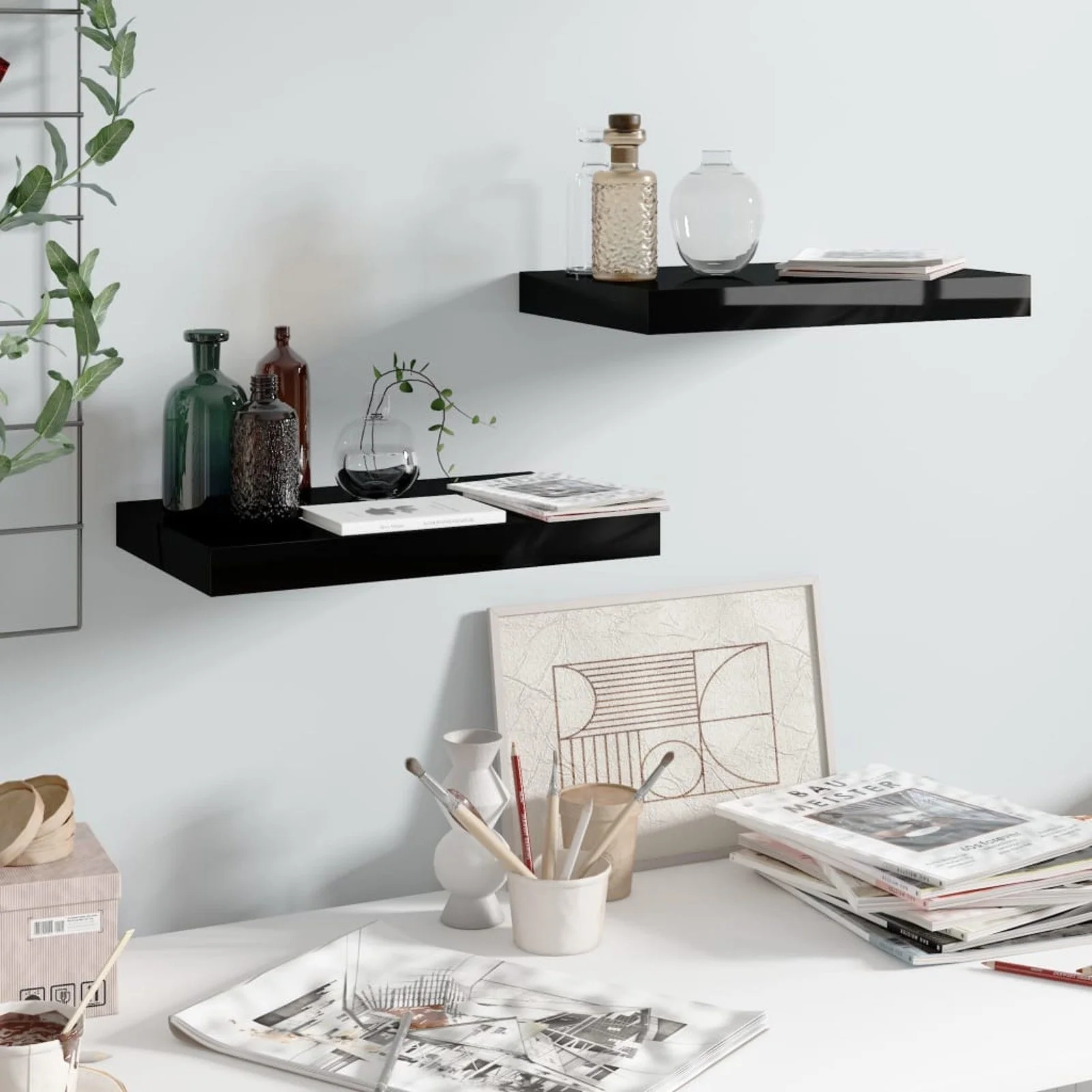 

Floating Wall Shelves 2 pcs High Gloss Black 15.7"x9.1"x1.5" MDF