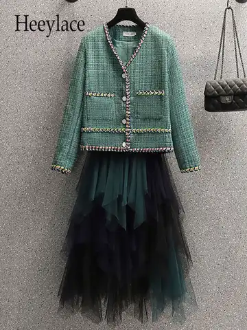 Женский костюм из двух предметов, элегантный твидовый костюм во французском винтажном стиле с длинным рукавом и асимметричной сетчатой юбк...