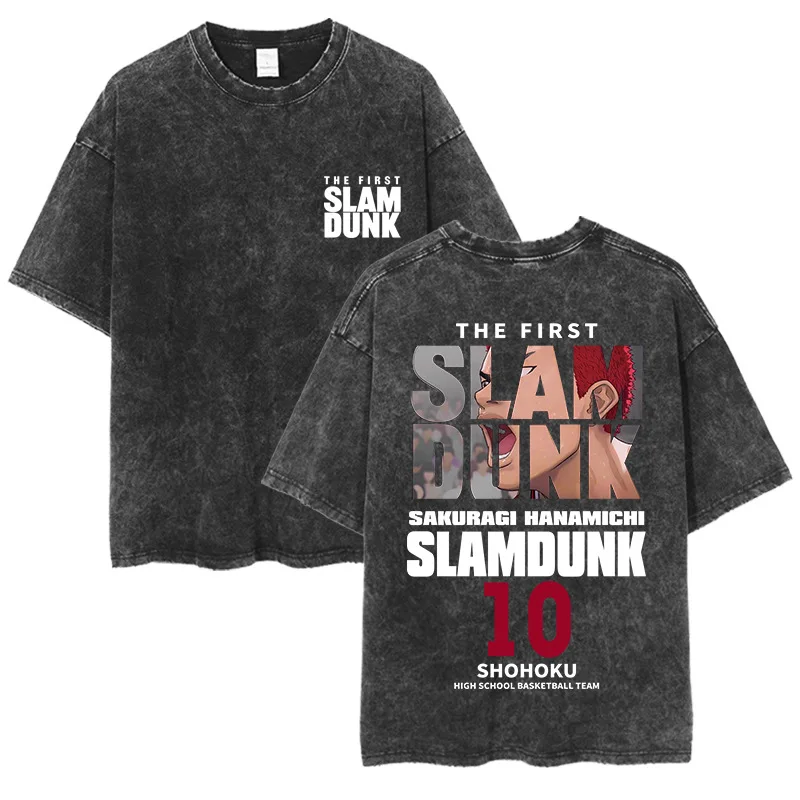 

Anime Slam Dunk Vintage Manga Acid Washed T Shirt Cotton Tees Hip Hop Streetwear Short Sleeves Summer Trend Graphic Printed Tops