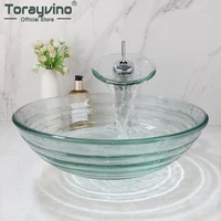 Torayvino Bathroom Sink faucet set Waterfall Chrome Polished Faucets Water Round Transparent Tempered Glass Vessel Sink