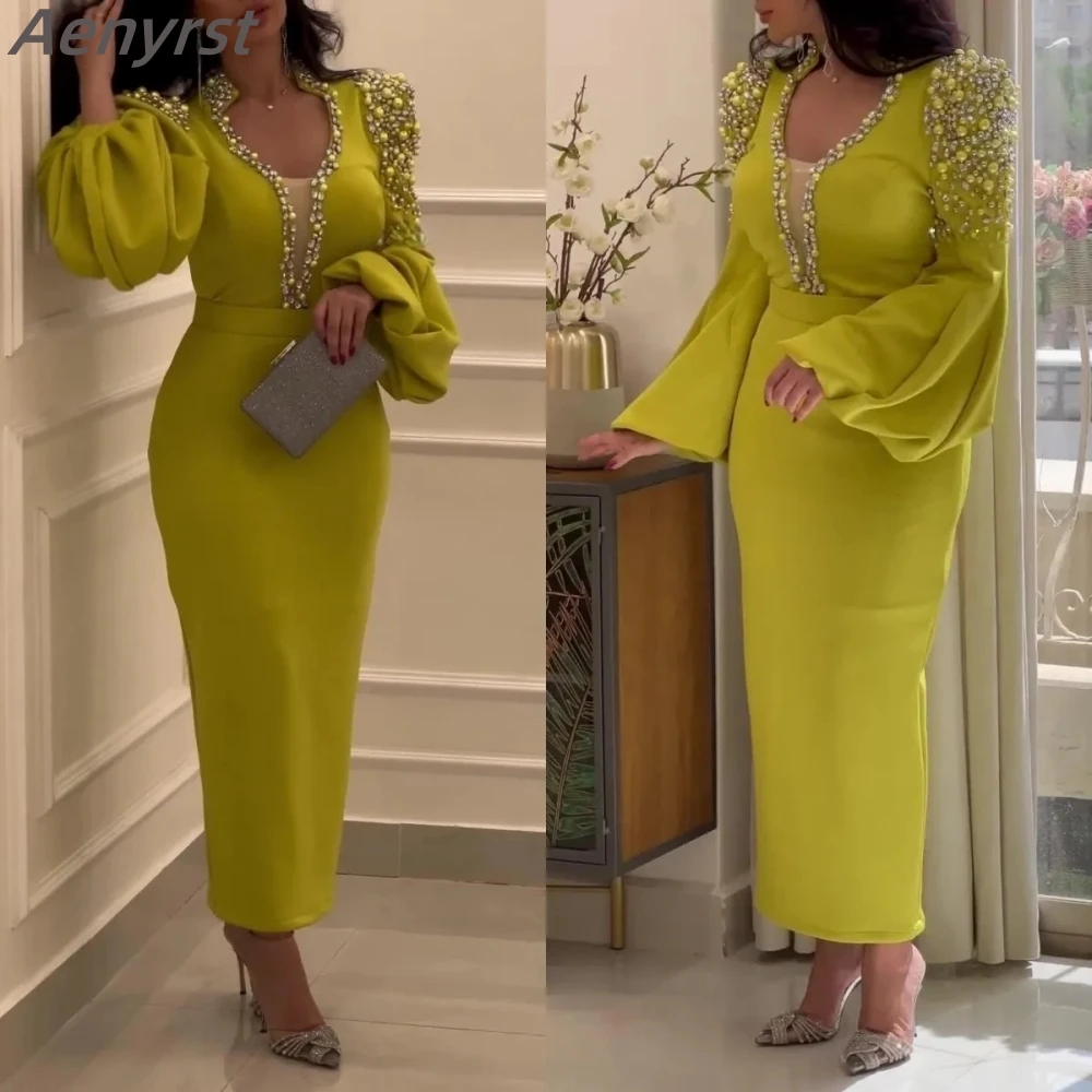 

Aenyrst Luxury Ankle Length Prom Dresses for Women Saudi Arabia Pearls Long Sleeves Birthday Party Evening Formal Occasion Gowns