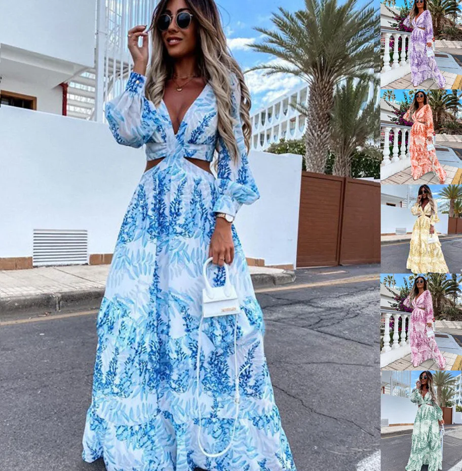 

Women Bohemian Print Beach 2022 Summer Sexy V-Neck Backless Hollow Out Lantern Sleeve Maxi Dress Female Club Party Long Dresses