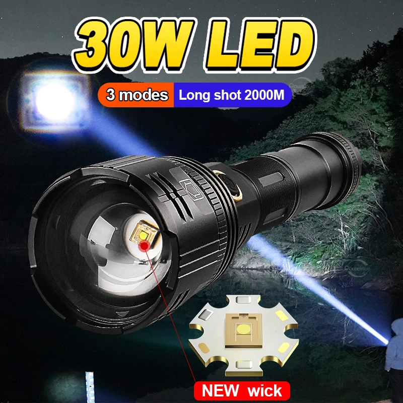 

High Power 30W LED Flashlight With USB Charging Zoom 2000M Flashlights Super Powerful Torch Rechargeable Waterproof Work Lantern