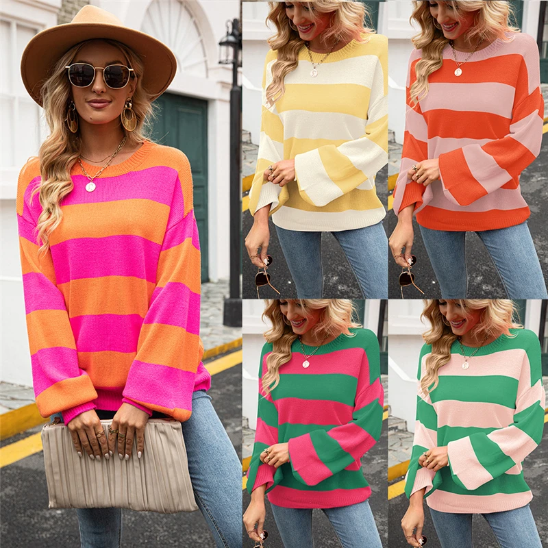 

Autumn Winter Pullover Knitted Sweater Women's Splicing Stripe Round Neck Bottoming Shirt Urban Casual Loose Top Woman Sweaters