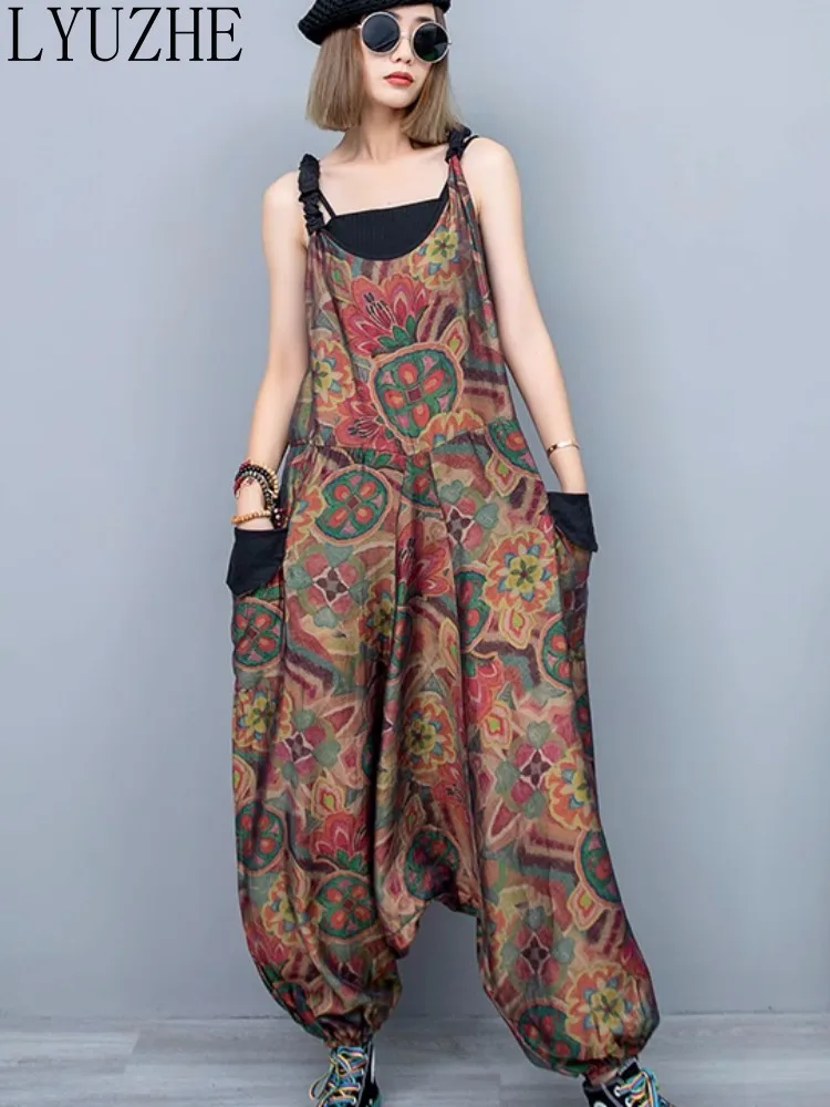 LYUZHE Personalized Printed Thin Strap Pants Women 2023 Summer New Loose Large Size Crotch Wide Leg Overalls Pants ZXF515A
