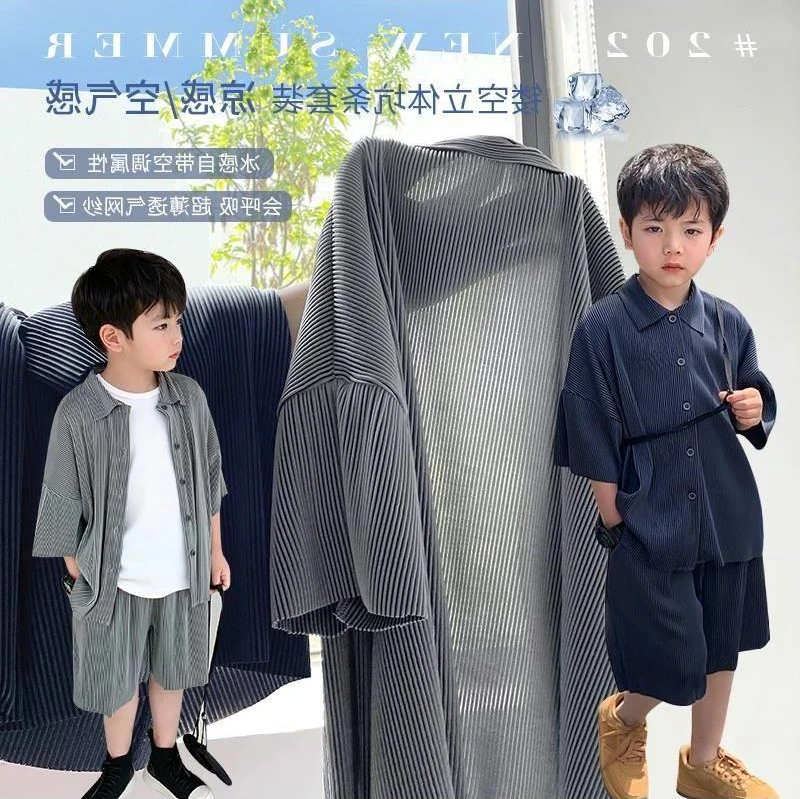 

New Korea Teenagers Boy Kid Ribbed Loose Clothes Set Shirt+Shorts 2PCS Summer Child Clothing Set Casual Short Sleeve Baby Sets