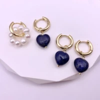 2022natural stone earrings heart shaped pendant lapis pearl ear clip woman party elegant jewelry