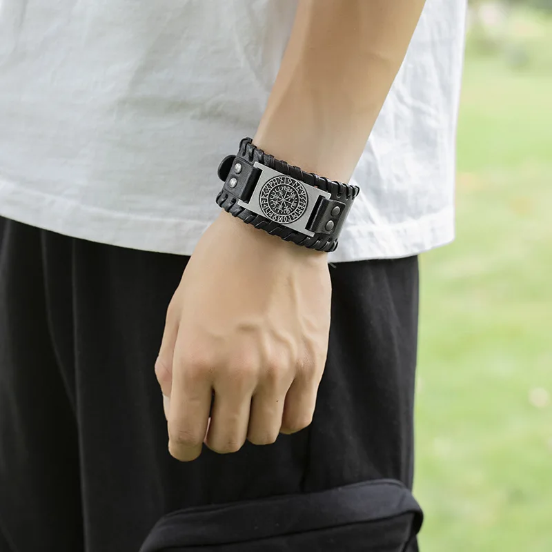 Simple Retro Nordic Men's Jewelry Viking Leather Bracelet for Men Odin Logo Lunawen Bracelet