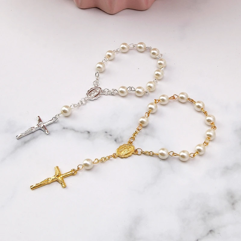 Catholic Cross Finger Chain Mini Rosary Finger Baptism Rosaries Faux Pearls Bracelet for Baptism Favors Christening