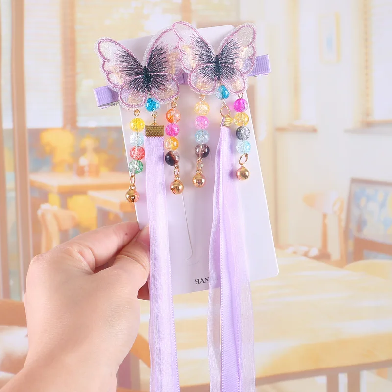 2PCS Small Fresh Hanfu Cute Girl Princess Butterfly Tassel Flower Hair Clips Children Headdress 6Colour images - 6