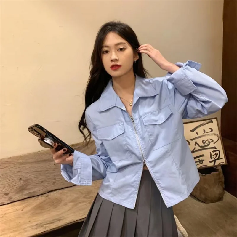 

Korean style women's loose shirt long sleeve short style double zipper