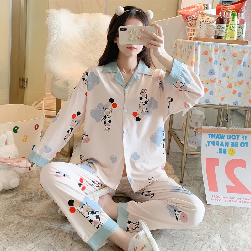 

Autumn Pajamas Women's Long-Sleeved Trousers Cardigan Korean Style Sweet Fresh Homewear Pairs Long Imitation Cotton Suit Balloon