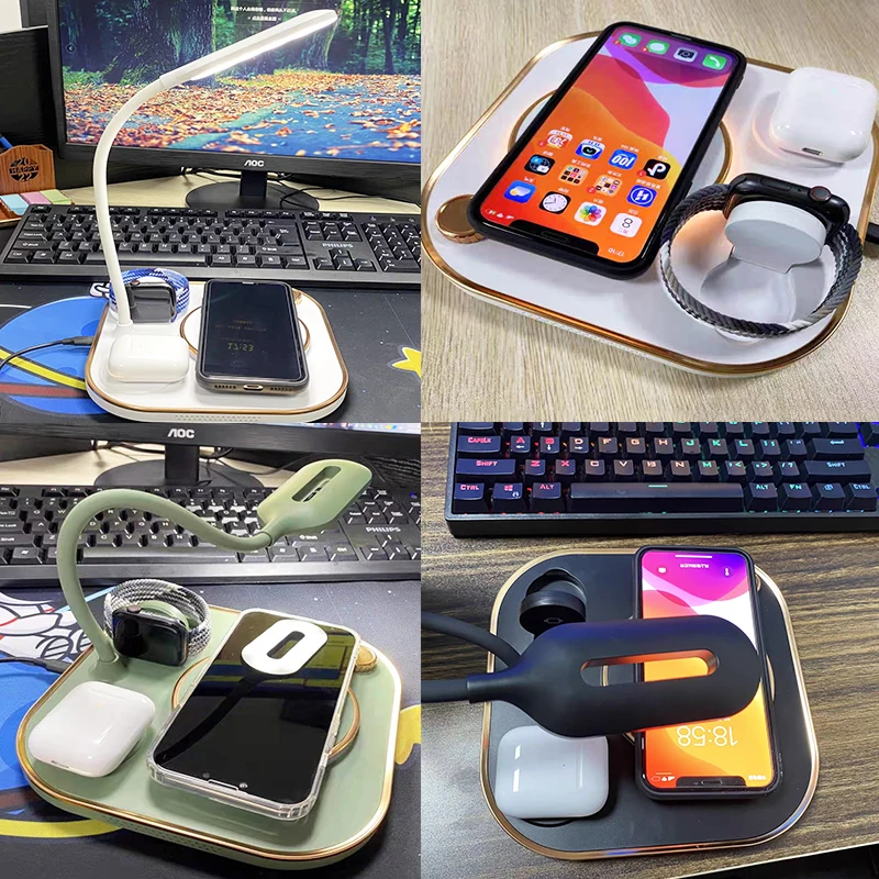 Беспроводная зарядная док-станция 4 в 1 15 Вт с настольными лампами | Мобильные