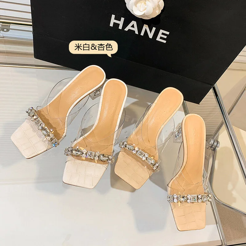 

2022 Summer Women's Shoes Fashion Rhinestone High Heel Sandals Square Toe Solid Color Sandals Chunky Heel Slippers