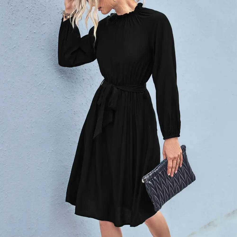 

Women Short Formal Dress Long Sleeve Solid Color Women Apparel Soft Non-Fading All-Match Cocktail Party Women Dress