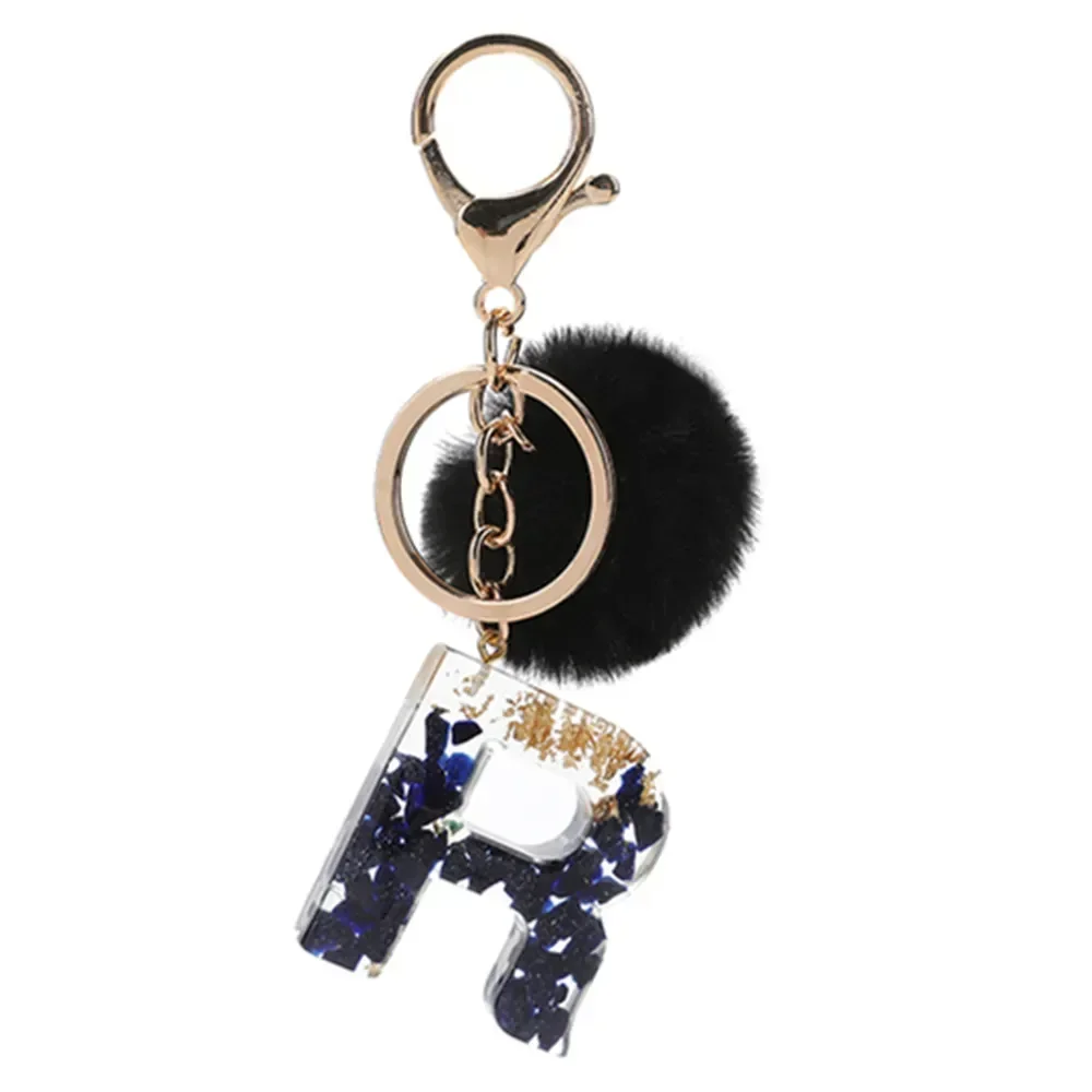 

Black Pompom Letter Keychain English Alphabet Keyring Glitter Gradient Resin Car Mirror Accessory Women Handbag Charms