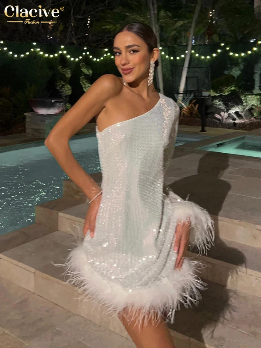 

Clacive Sexy Sequin White Dress Ladies Fashion One Shoulder Long Sleeve Mini Dress Elegant Feathers Party Dresses For Women 2023