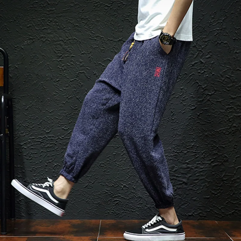 2022Summer Embroidered Chinese Style Large Size Cotton and Linen Casual Pants Cropped Pants Mid Waist Casual Oversized Track Pan