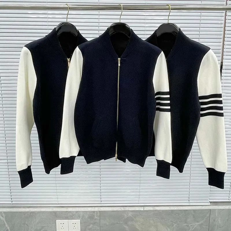 TB THOM Baseball Bomber Jacket Classic Stripes Fashion Brand Design Knitted Jacket Business Causal Men Jackets Streetwear