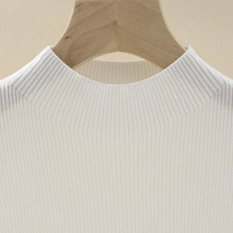 Шелковый вязаный топ с высоким воротником из пряжи универсальный белый