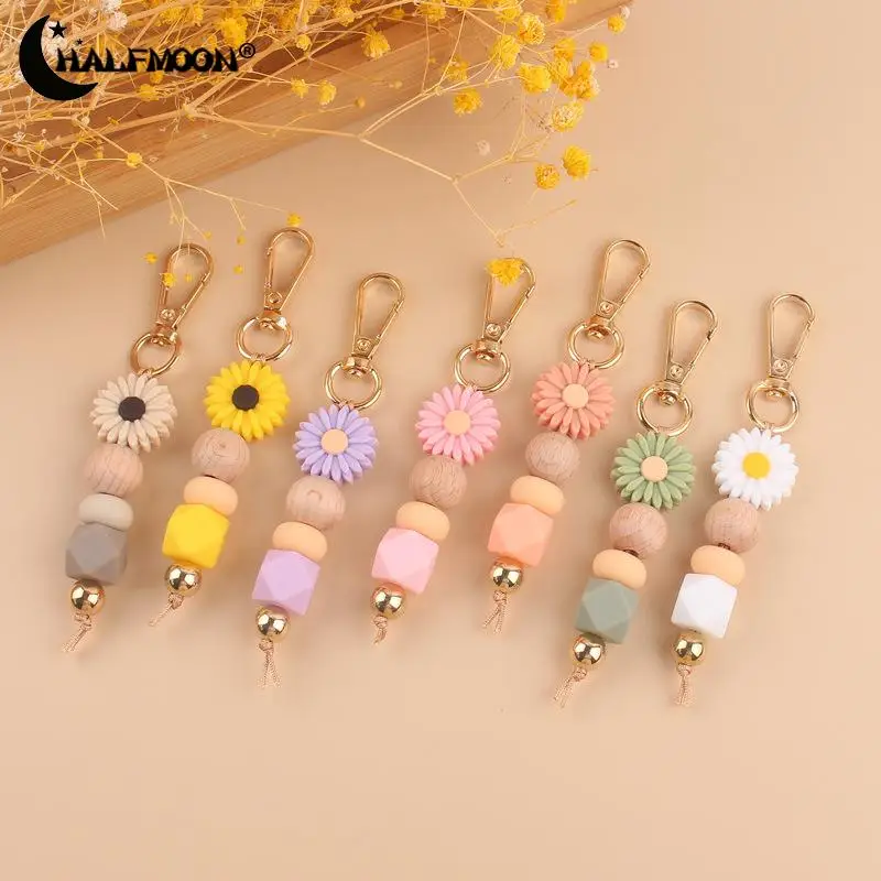 Силиконовый брелок с бусинами и маргаритками, брелки ручной работы с ...