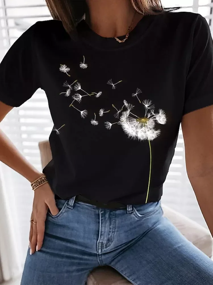 

New Fashion 3D printing dandelion theme T-shirt women round neck floral T-shirt women T-shirt top ladies top