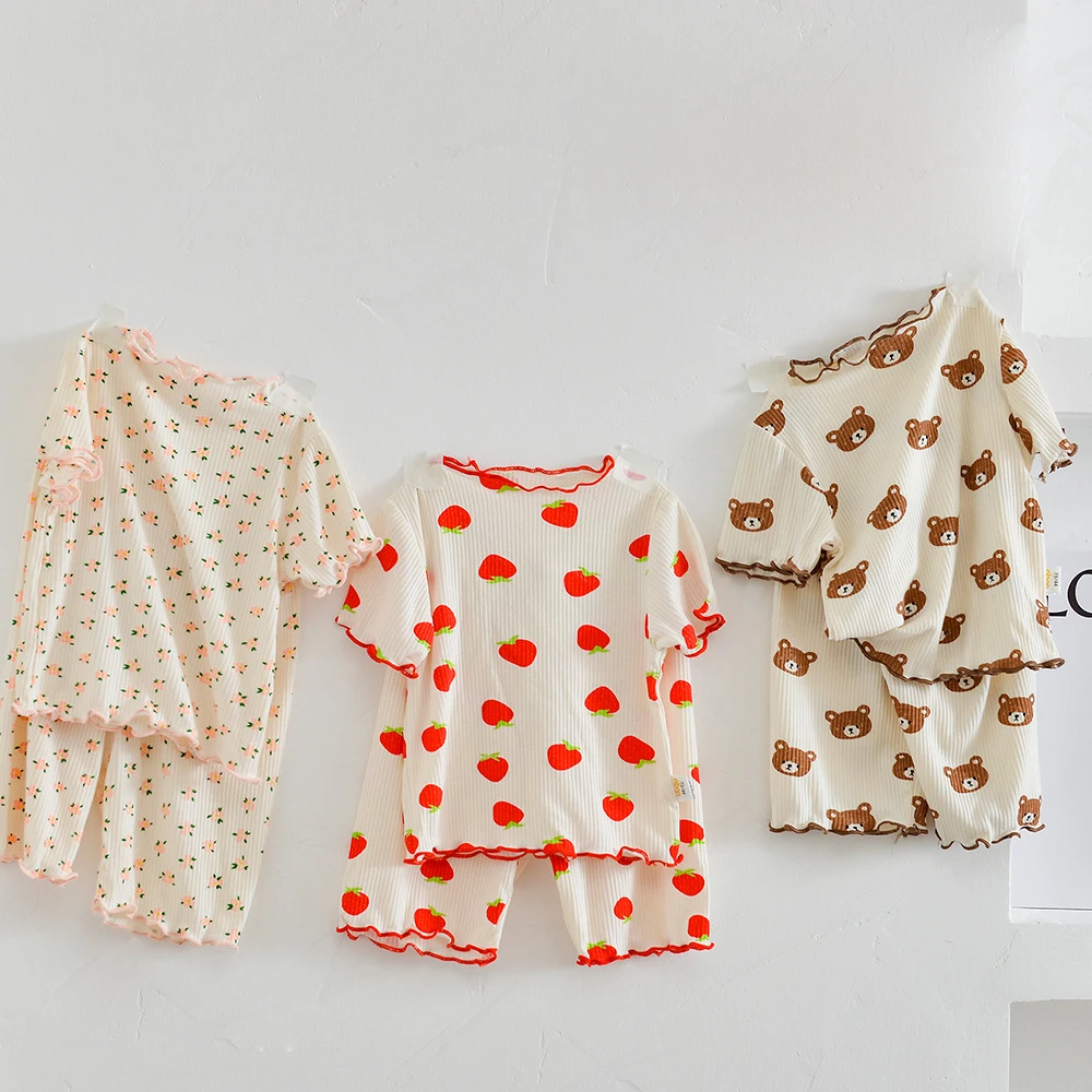 

2022 Summer Baby Sleepwear Suit Baby Girls Boys Cotton Soft Pajamas Set Floral Bear Cartton Toddler Sleeping Pajamas Clothes