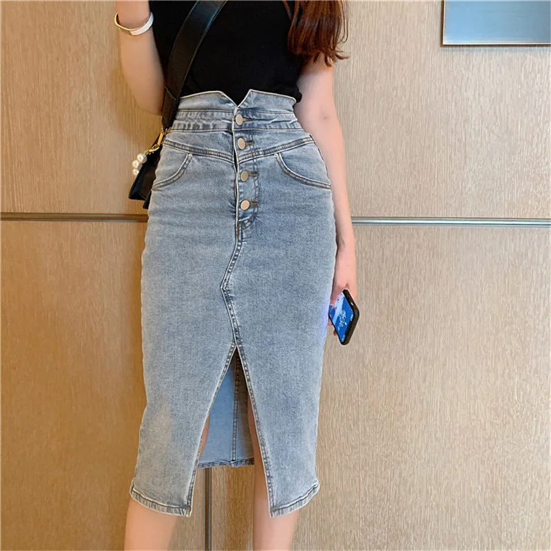 

Korean design split stretch package hip denim skirt slim sexy jean skirt trend 2022