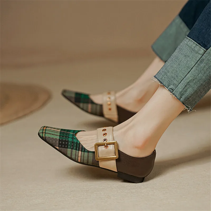 

2022 New Spring/summer Woman Shoes Women Pumps Square Toe Low Heels Shoes Women Square Buckle Cotton Fabric Plaid Shoe for Women