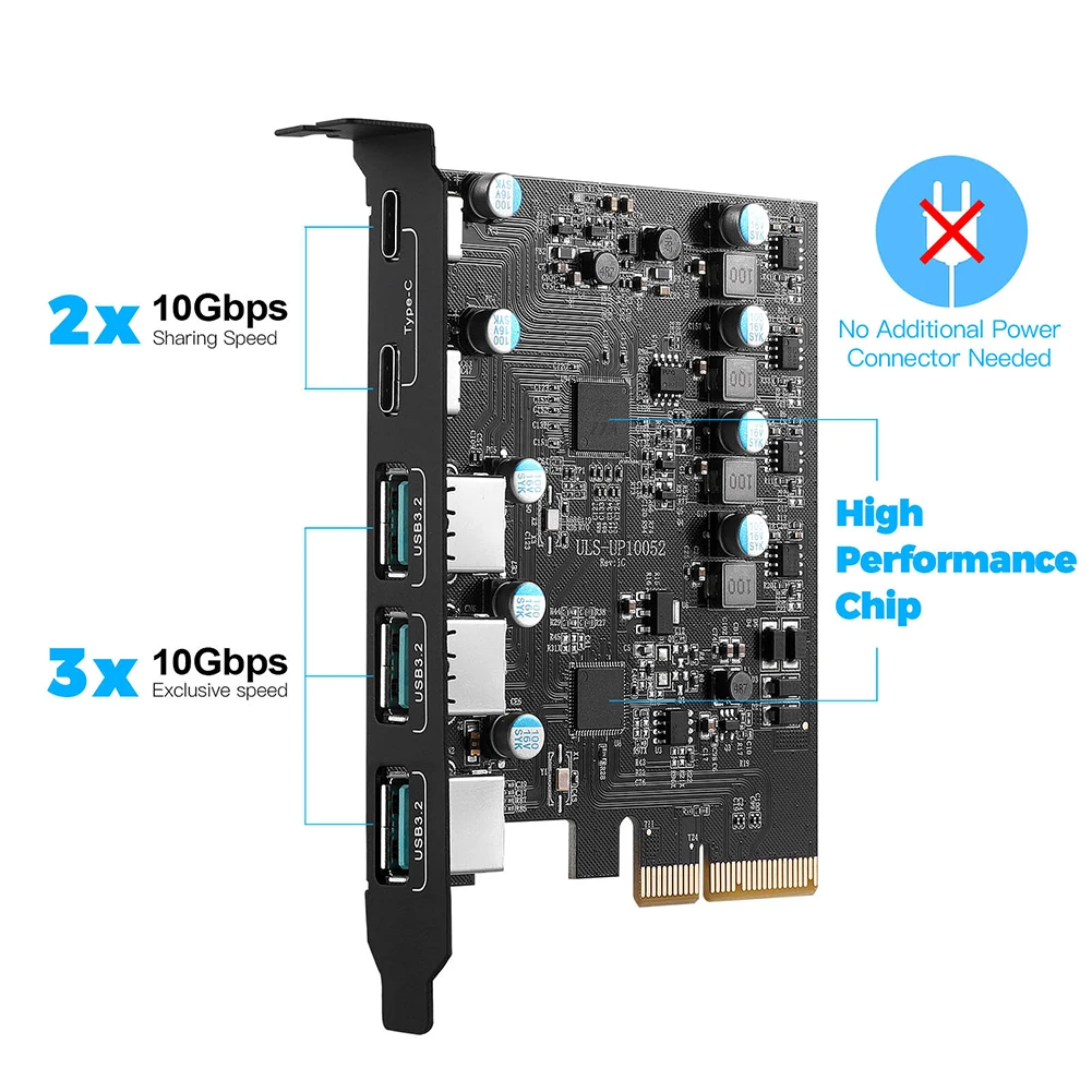Плата расширения PCIex4 на USB 3,2 Gen 2, плата расширения PCIE USB Gen2 2x10 Гбит/с, 5 портов, 3 USB A и 2 Type C, 15 Вт, 3 А, плата расширения