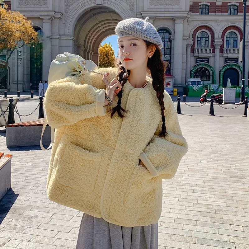 Imitation lambswool top winter yellow coat women's clothing