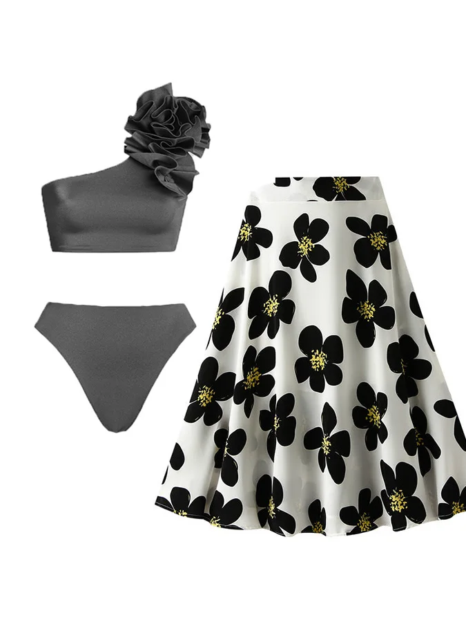 

One Shoulder with Large Flowers Beach Wear Summer 2023 New Swimwear Female Solid Color SwimSuit Bikini and Skirt